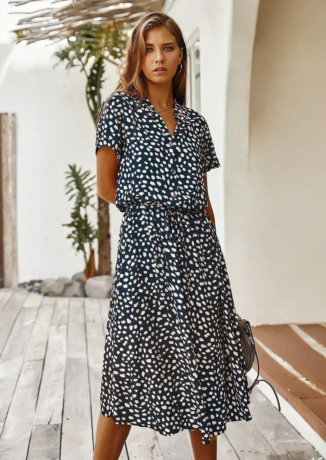 Polka Dot Print V-Neck Button Down Drawstring Waist Shirt Midi Dress - View 2