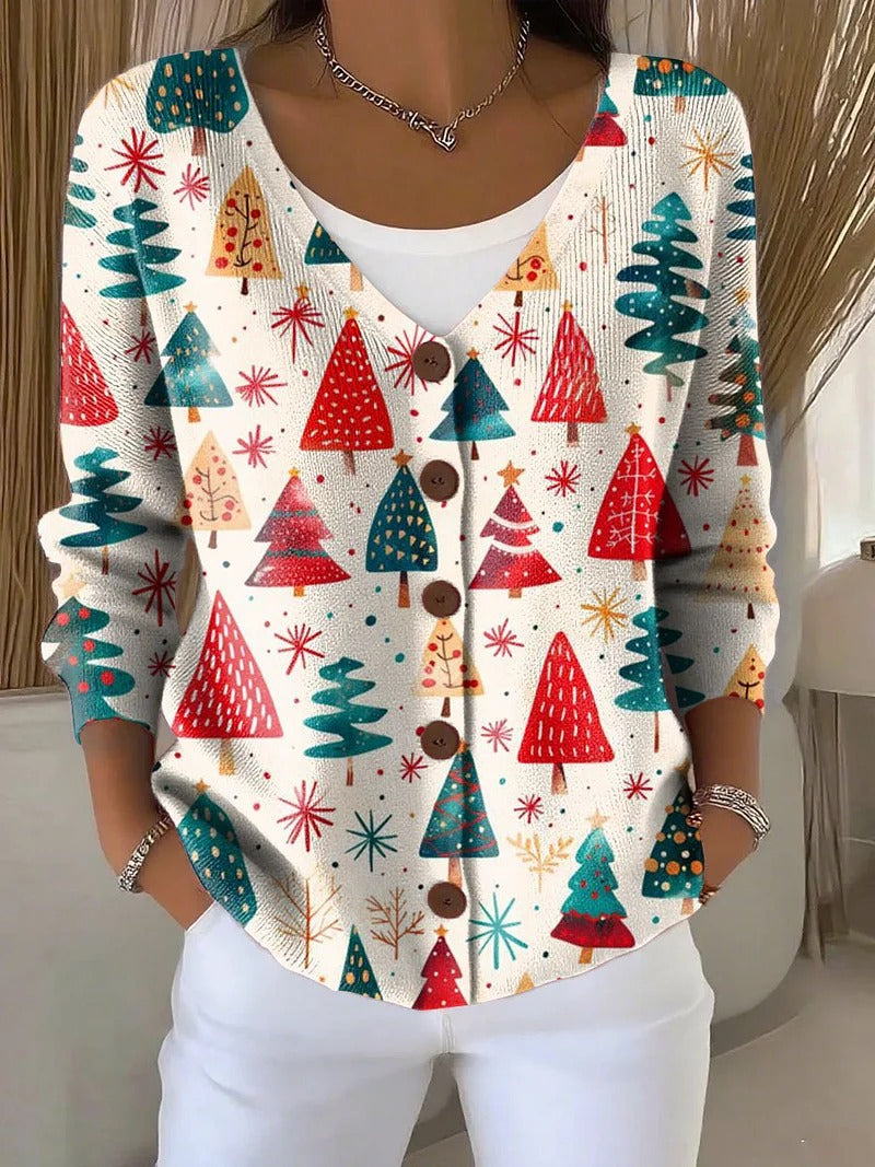 Christmas Tree Print V-Neck Button Front Knit Cardigan