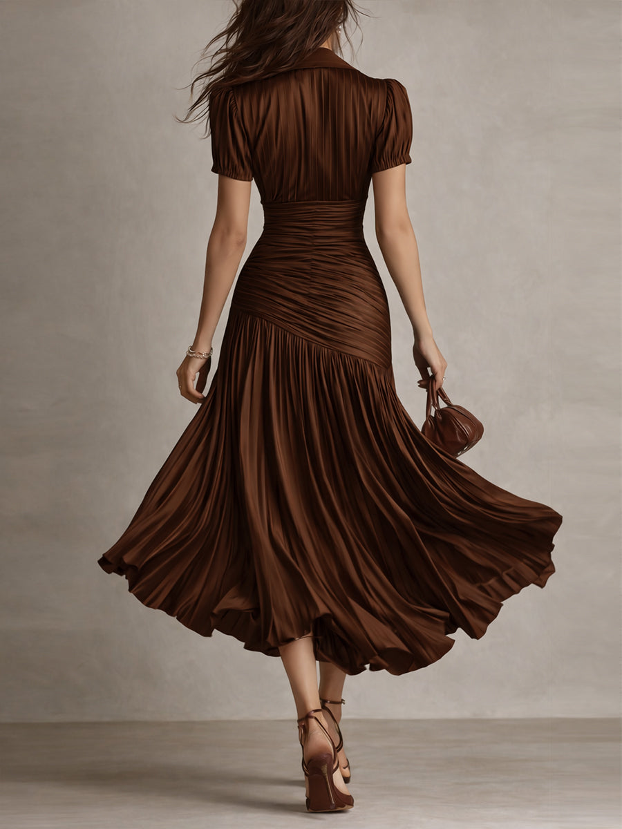 Striped Satin Collared Short Sleeve Ruched Pleated Fishtail Midi Dress 10