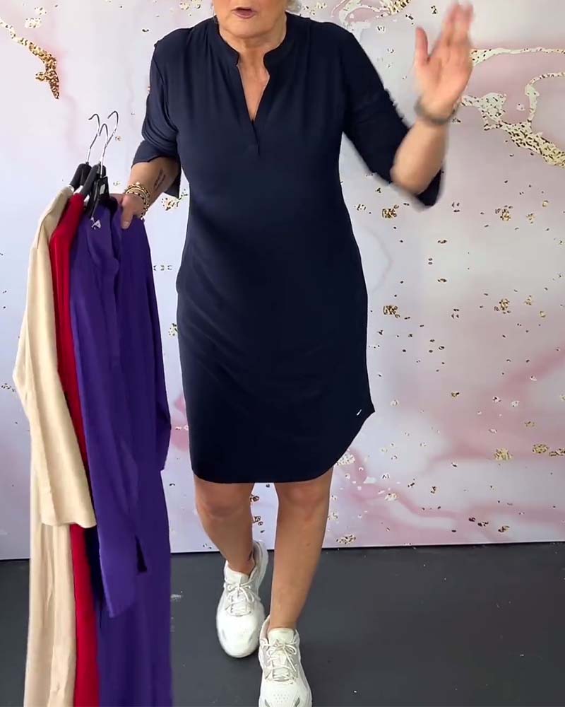 Split Neck Mandarin Collar Elbow Sleeve Pocket Shift Midi Dress - View 3