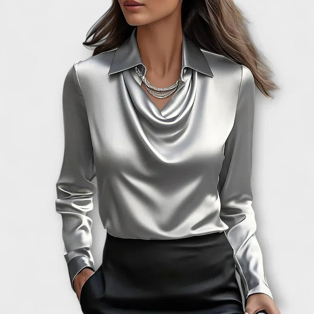 Draped Cowl Neck Long Sleeve Satin Blouse 2