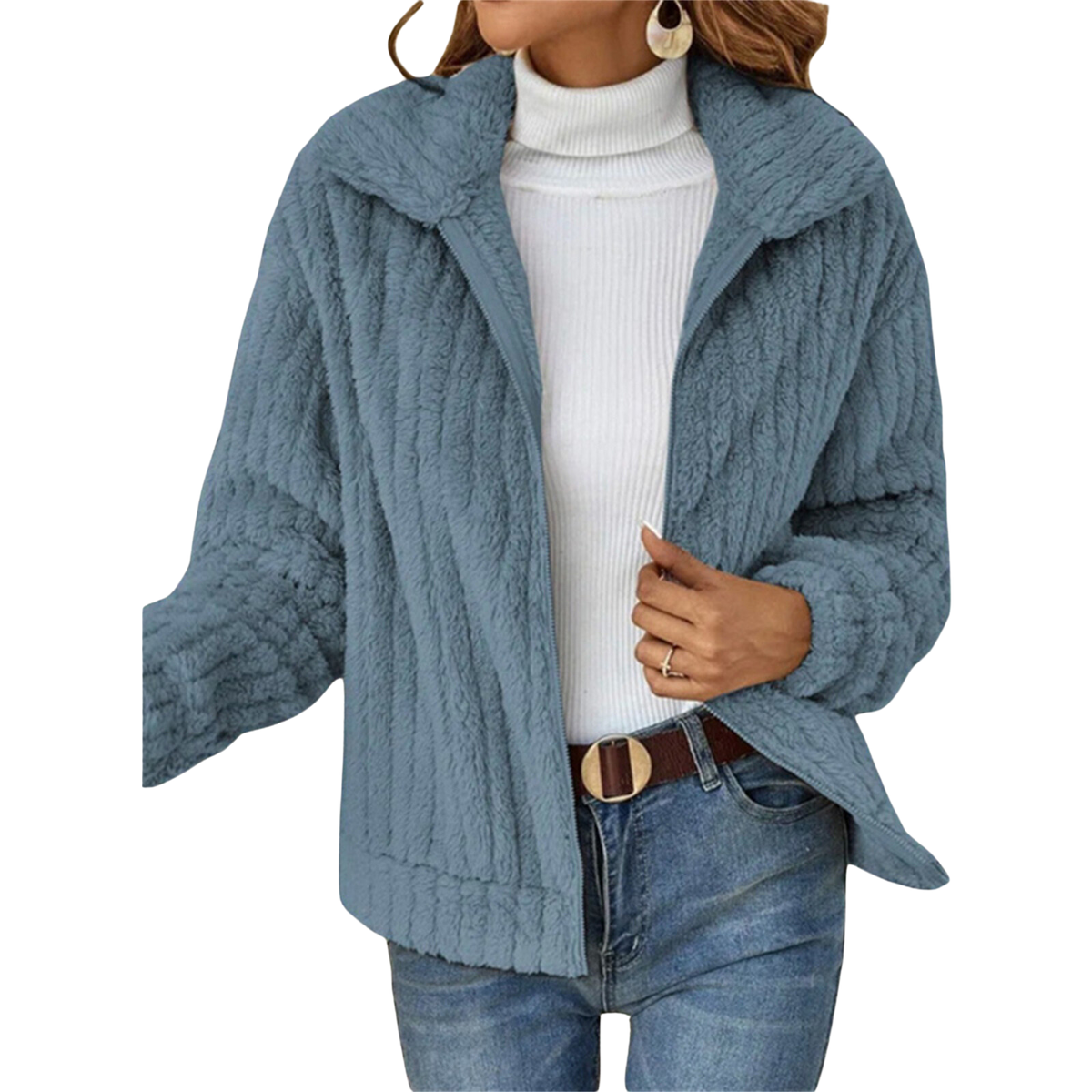 Fuzzy Fleece Lapel Collar Open Front Jacket 2
