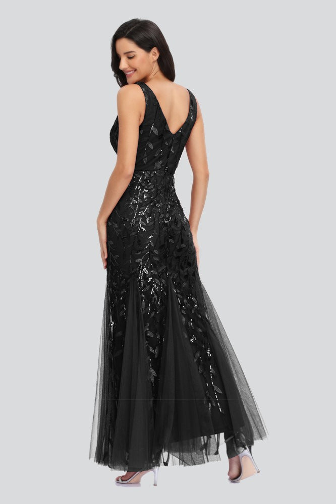 Sequin V-Neck Embroidered Mermaid Maxi Prom Dress - View 15