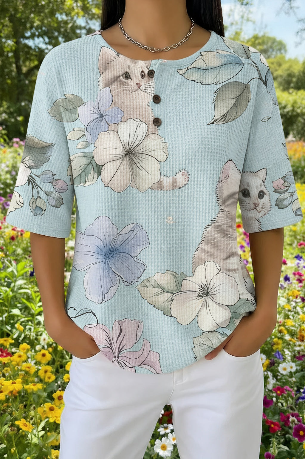 Cat and Floral Print Waffle Knit Henley Short Sleeve Top