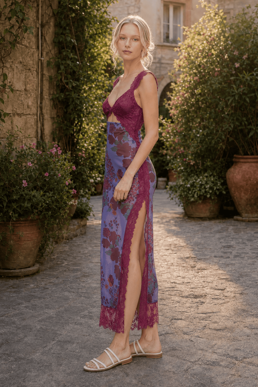 Patchwork Backless Lace Floral Maxi Dress
