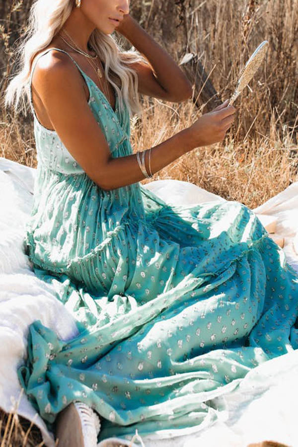 Metallic Dot V-Neck Spaghetti Strap Tiered Maxi Dress 6