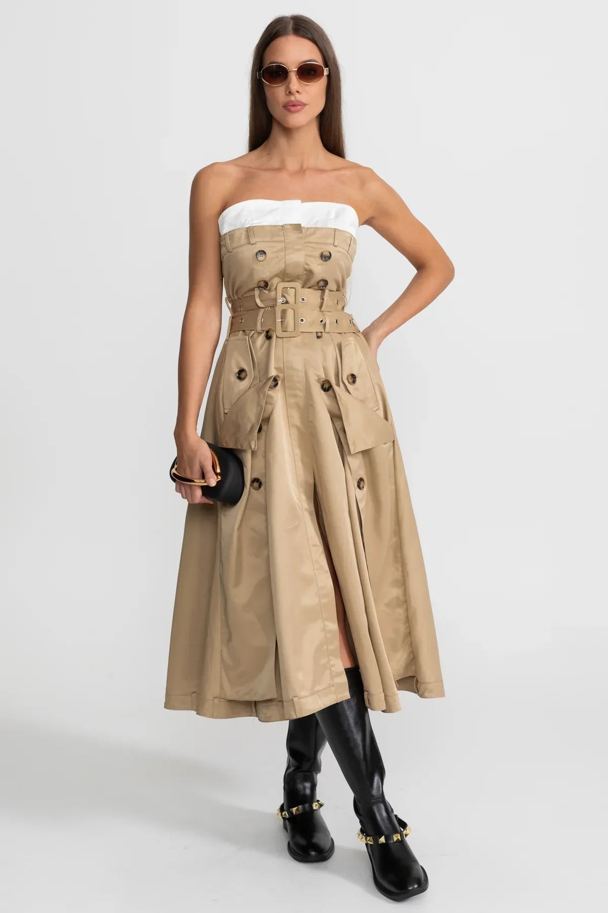Strapless Trench Midi Dress With Belted Waist – Beige - View 3