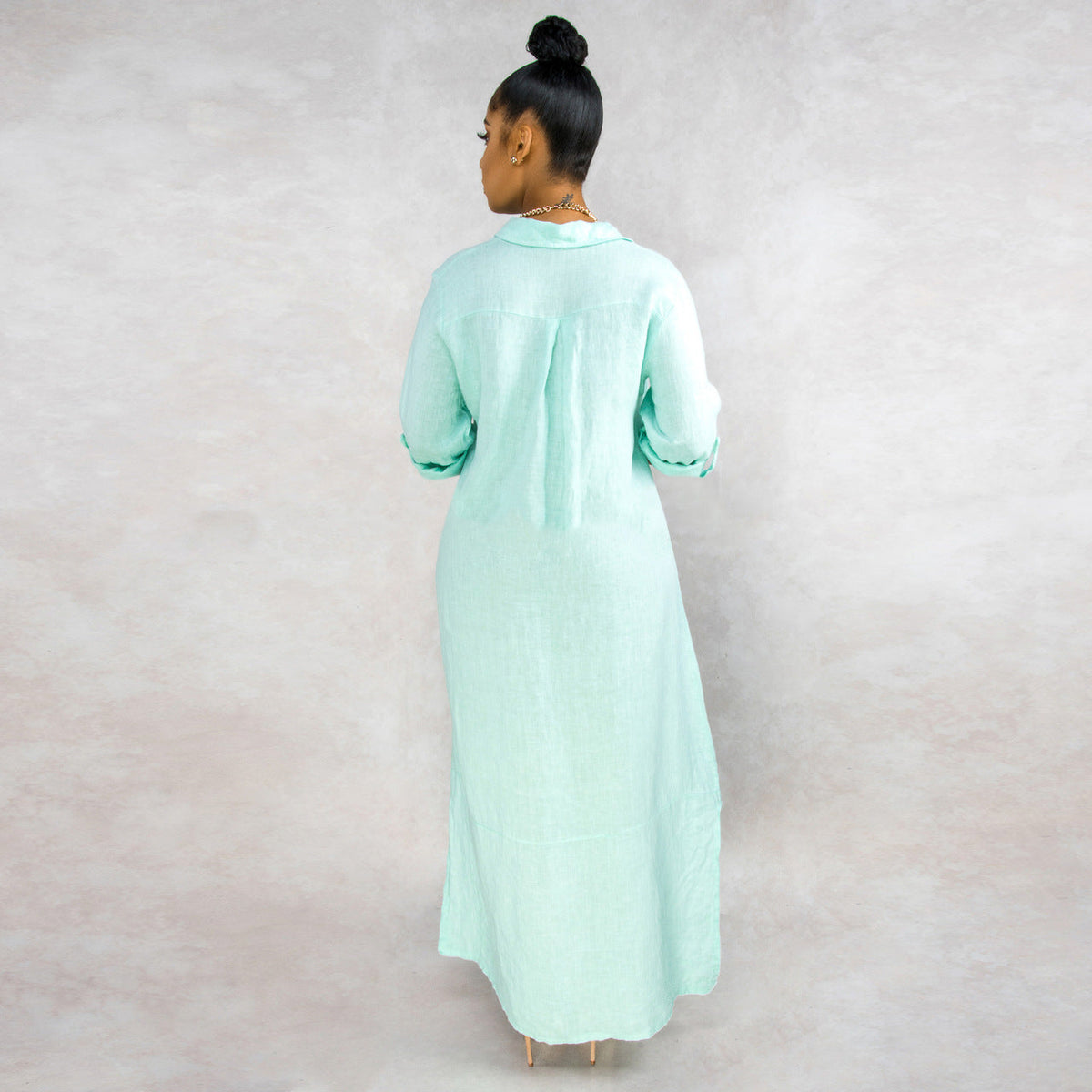 Button Down Collared Roll Tab Sleeve Box Pleat Maxi Shirt Dress - View 13