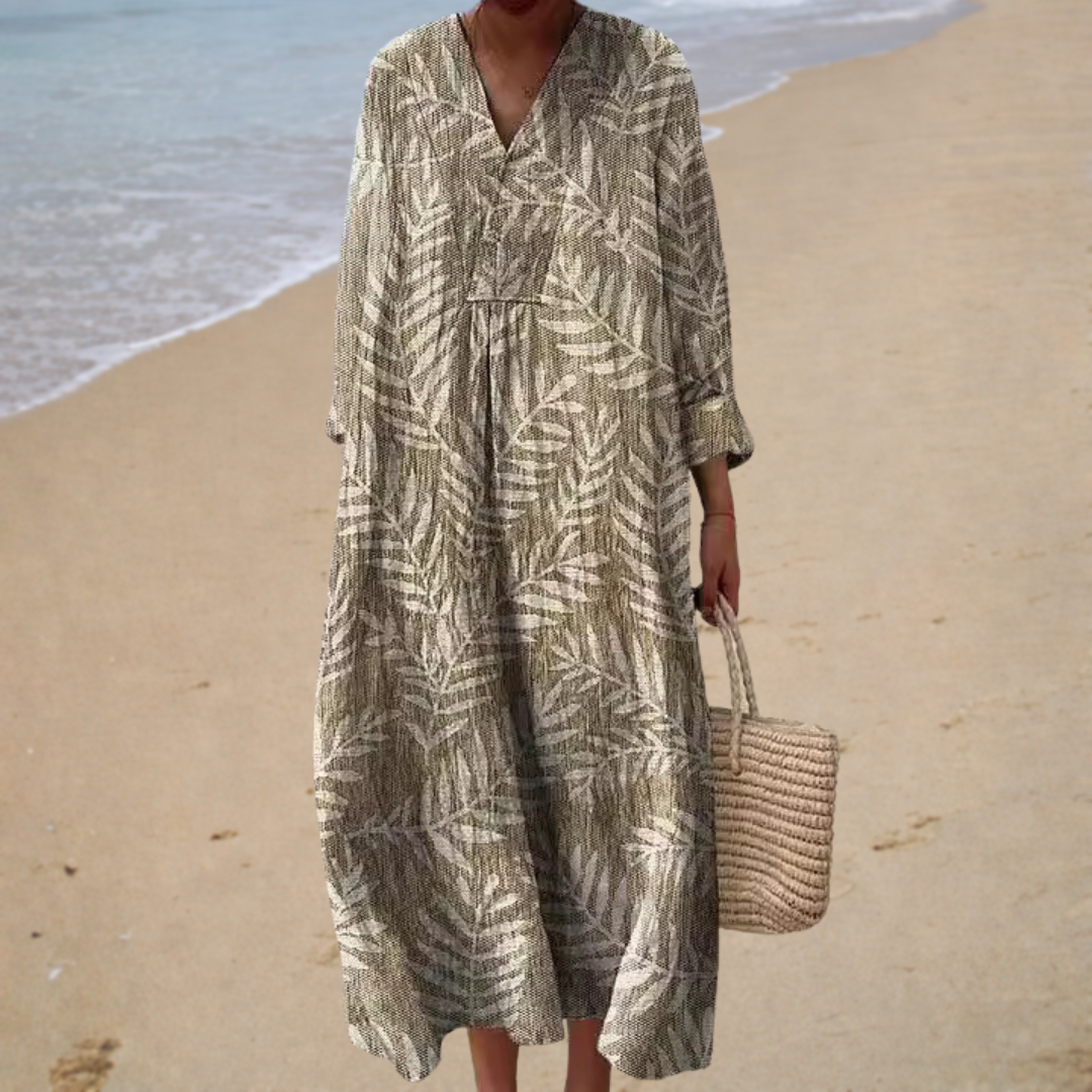 Leaf Print V-Neck Long Sleeve Loose Maxi Dress