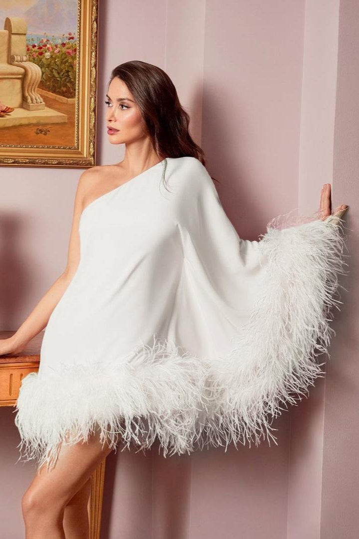 One Shoulder Cape Sleeve Feather Hem Shift Mini Party Dress