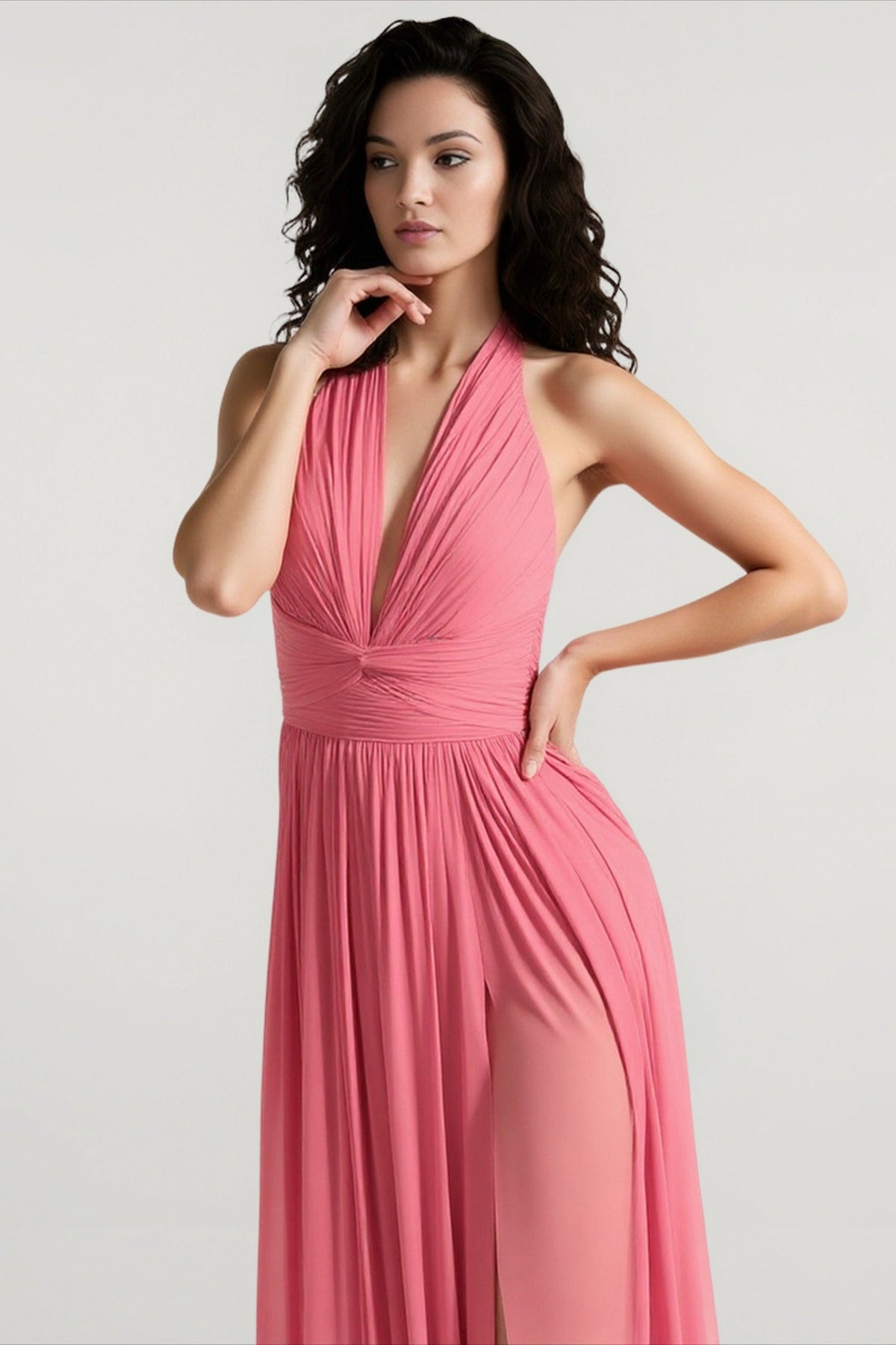 Deep V-Neck Halter Ruched Twist Waist High Split Maxi Gown - View 2