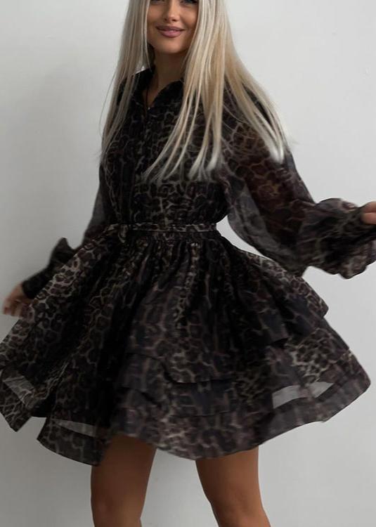 Animal Print Sheer Button Front Puff Sleeve Tiered Ruffle Mini Dress - View 3