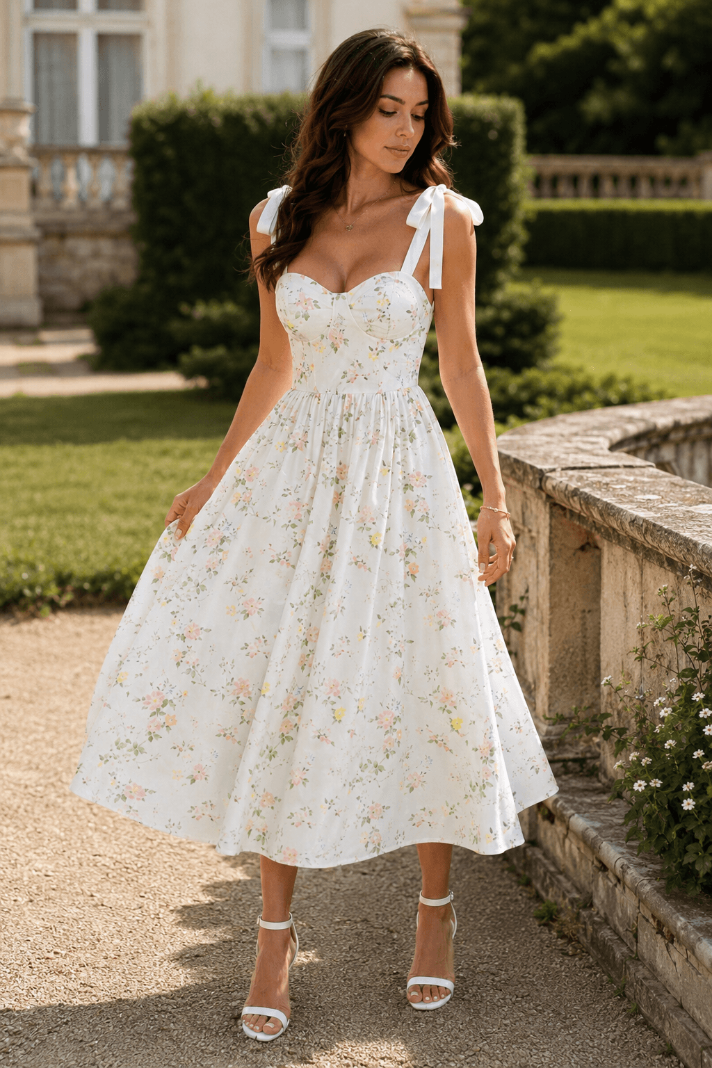 Floral Tie Strap Sweetheart Fit and Flare Midi Dress 5