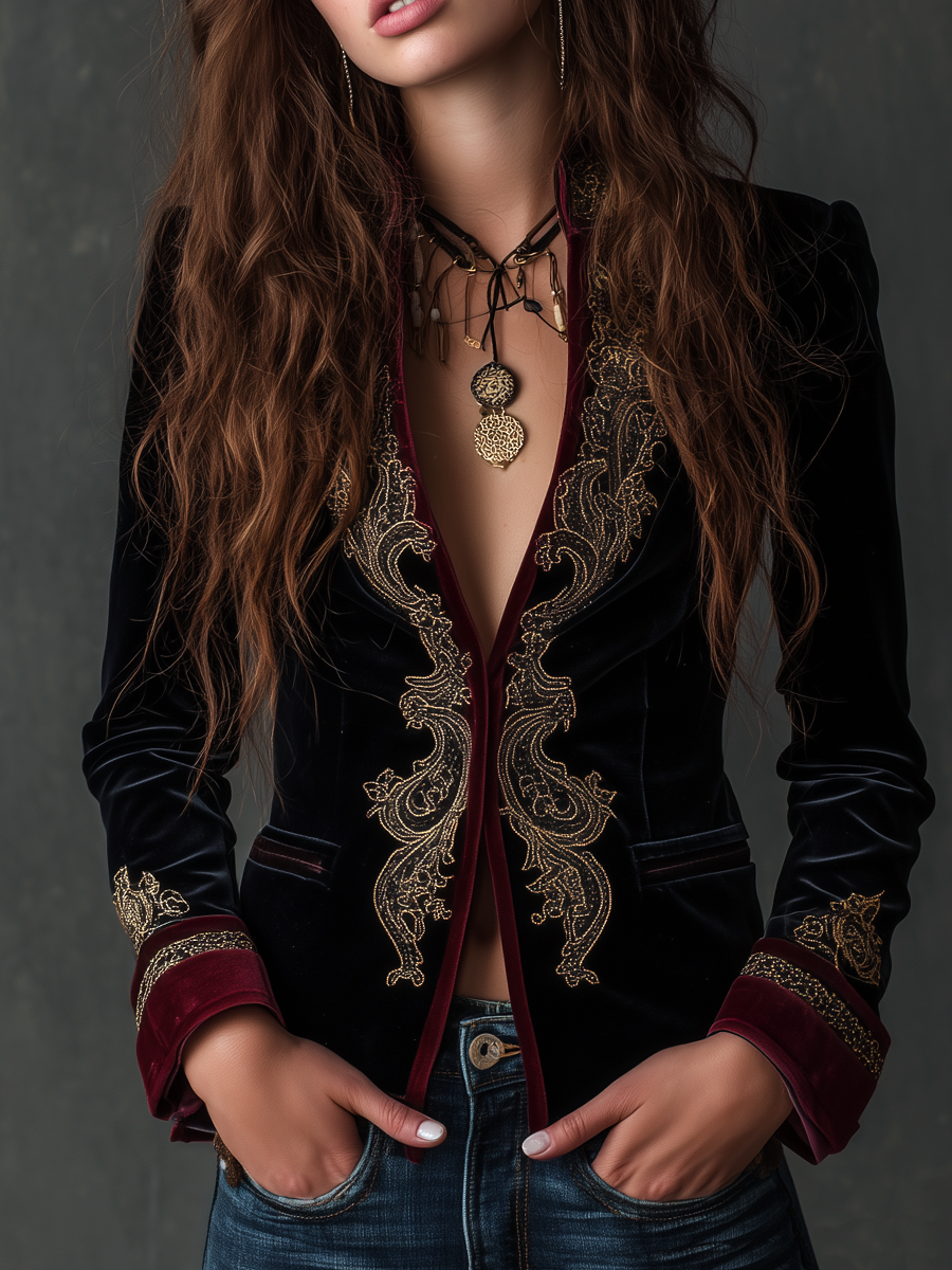 Baroque Embroidered Velvet Open Front Blazer