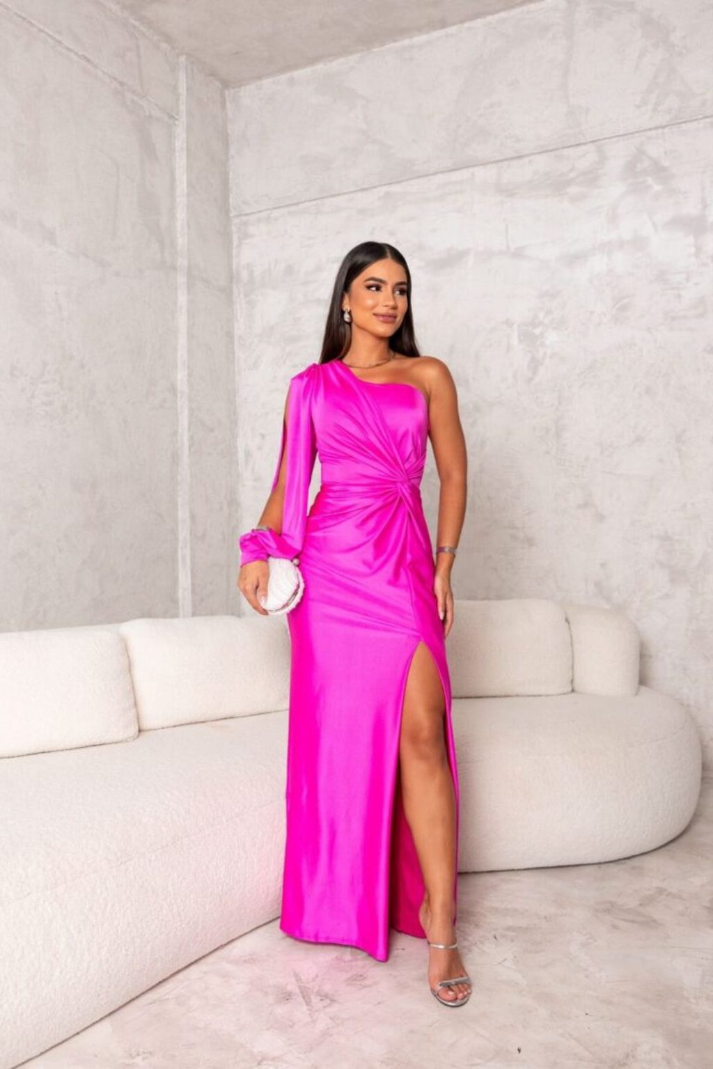 Satin One Shoulder Split Cape Long Sleeve Twist Waist Maxi Gown - View 15