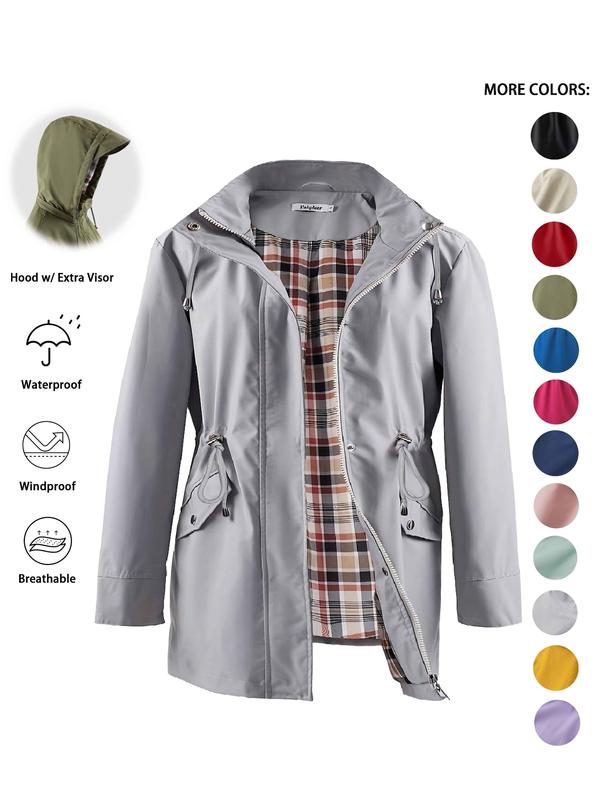 Hooded Zip Front Drawstring Waist Rain Jacket 5