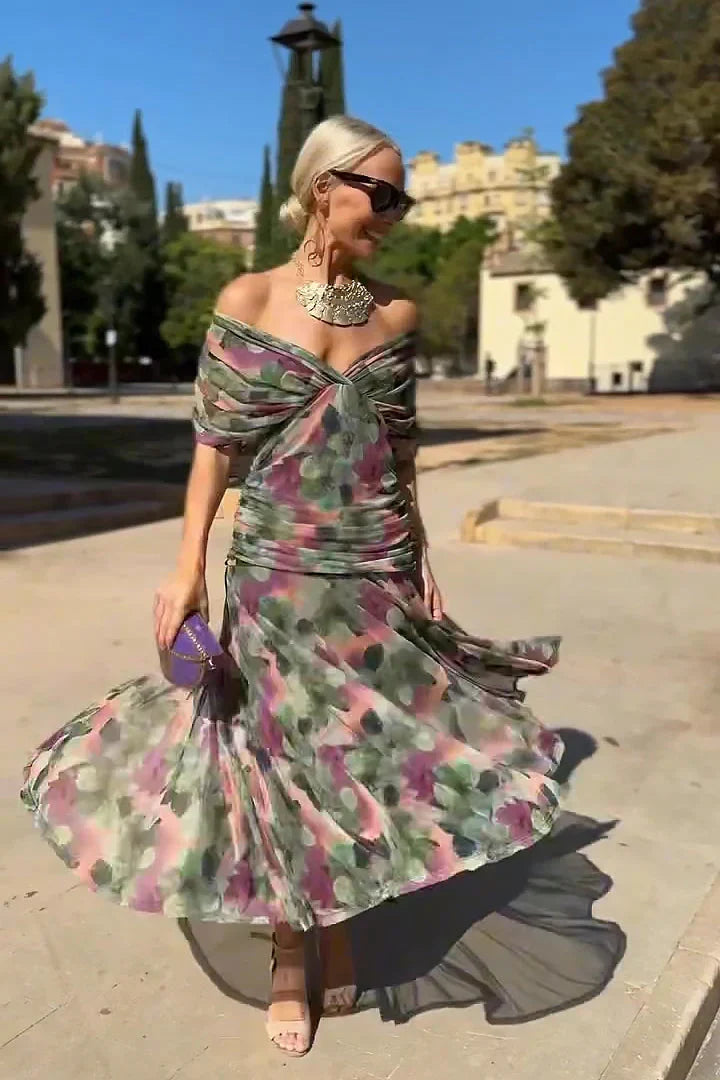Chiffon Deep V-Neck Short Sleeve Ruched Waist Maxi Dress 5
