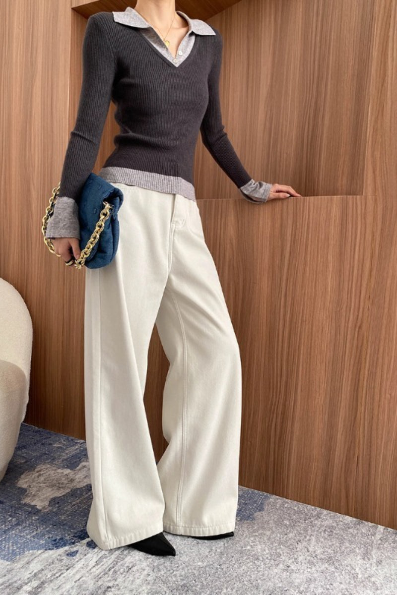 Color Block Faux Two Piece Polo Collar Slim Knit Blouse