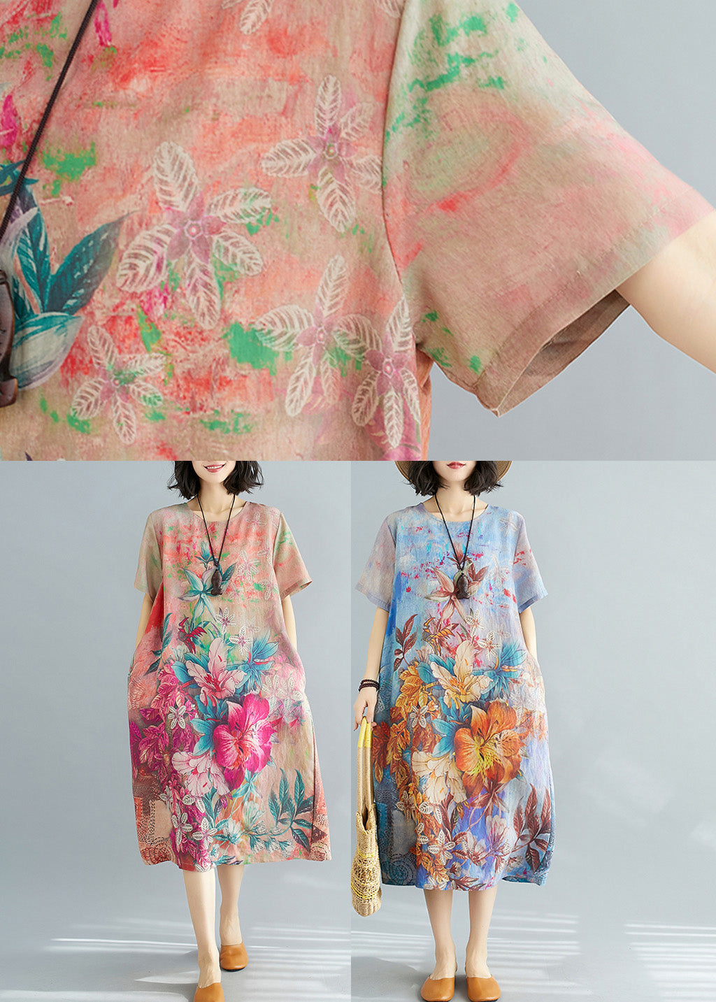 Floral Print Crew Neck Short Sleeve Pocket Oversized Midi Dress - View 4