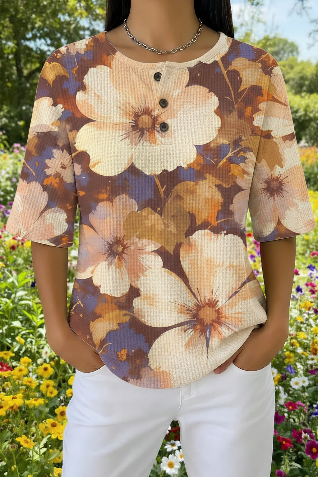 Floral Print Waffle Knit Short Sleeve Henley Top