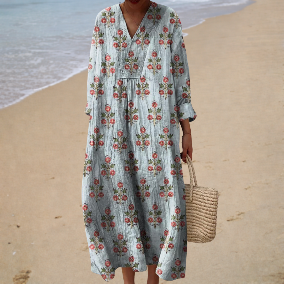 Floral Print V-Neck Long Sleeve Maxi Dress