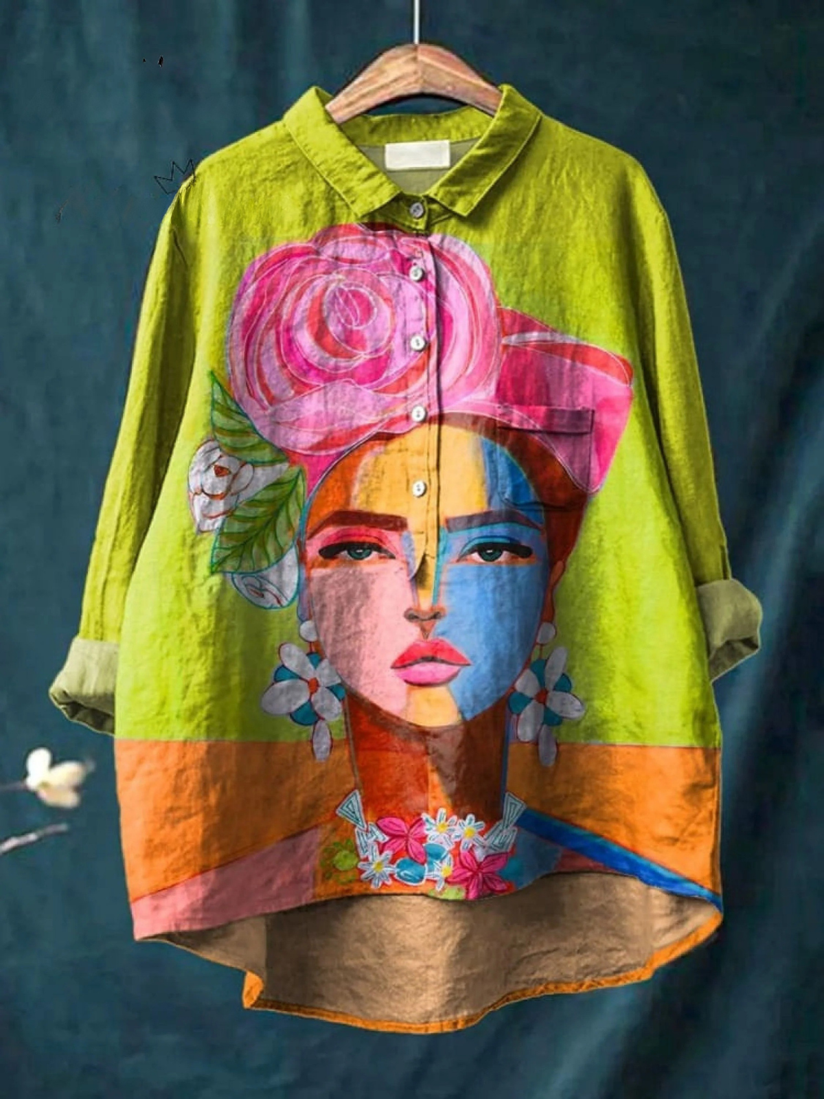 Portrait Art Print Long Sleeve Button Front High Low Shirt 2