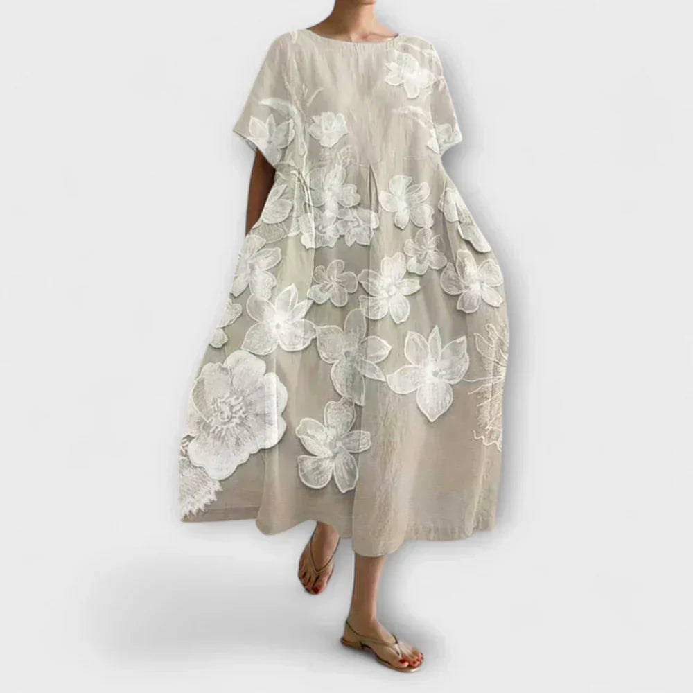 Floral Applique Round Neck Short Sleeve Pocket Midi Dress 2