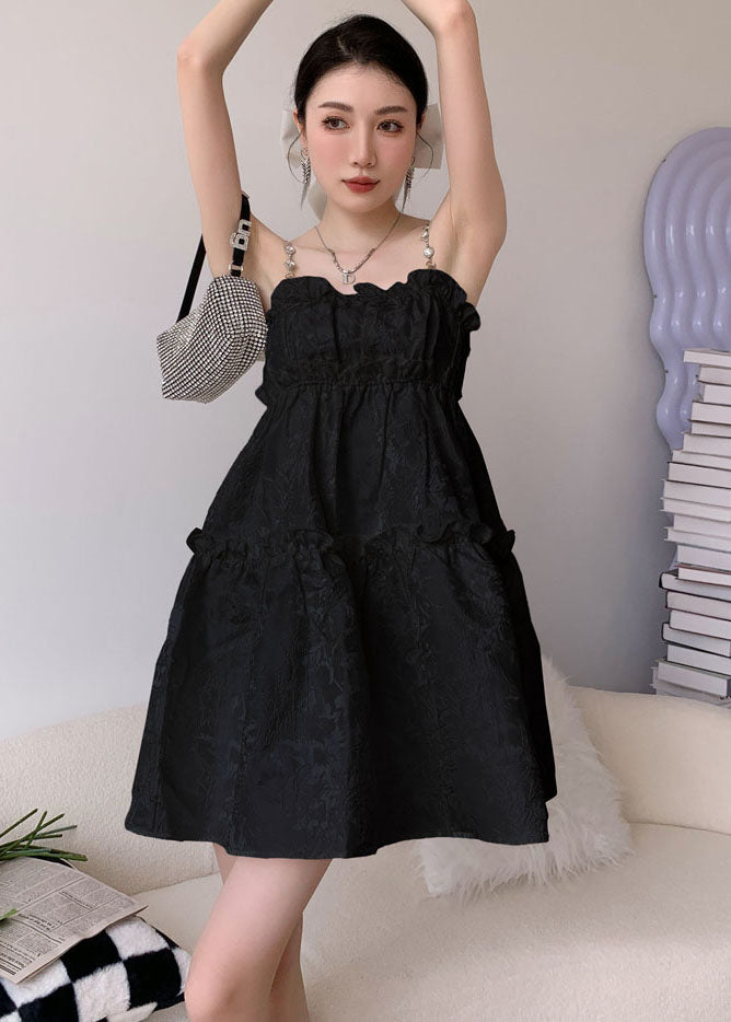 Jacquard Spaghetti Strap Pearl Rhinestone Ruffle Neck Mini Dress - View 2