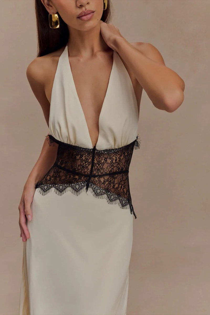 Satin Halter Neck Deep V-Neck Lace Trim Slip Maxi Dress - View 2