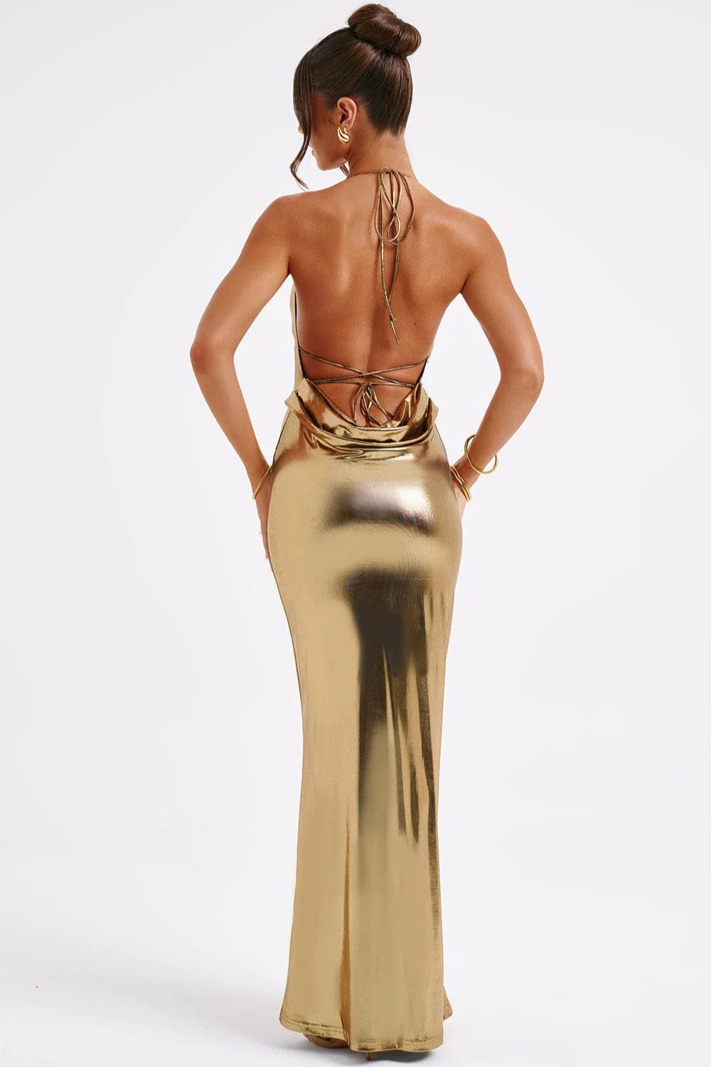 Metallic Spaghetti Strap Ruched Bodycon Fishtail Maxi Dress - View 13