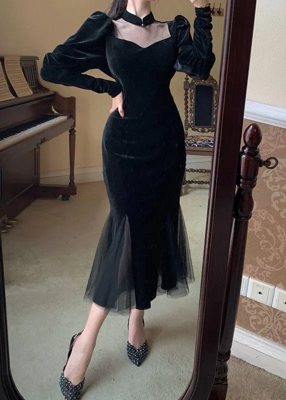 Velvet Sweetheart Choker Collar Puff Sleeve Mesh Panel Mermaid Gown - View 4
