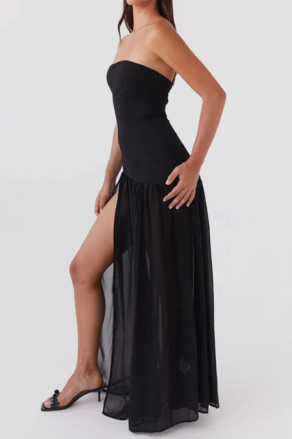 Lizzy Strapless Semi Sheer Patchwork Chiffon Maxi Dress - View 14