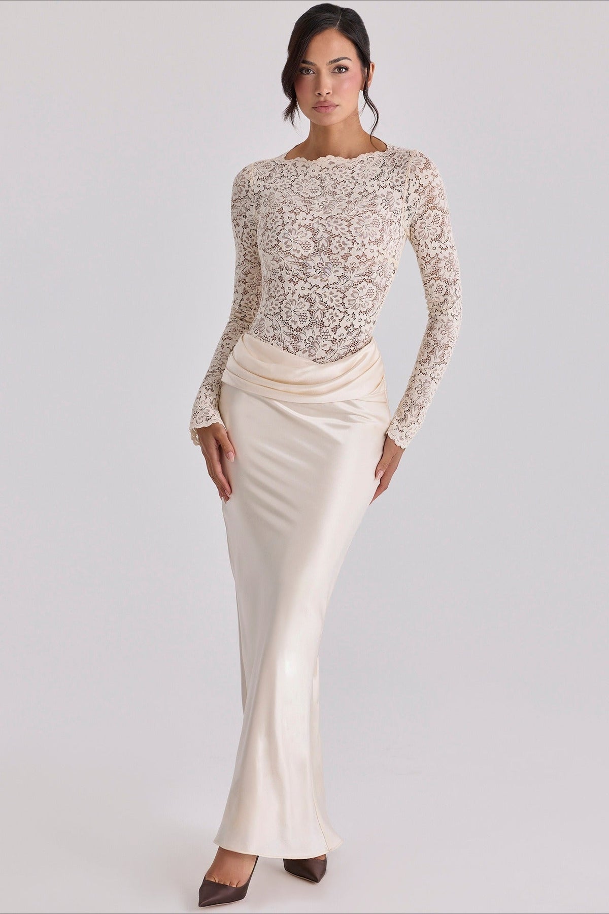 Lace Sheer Mesh Ruched Satin Maxi Dress