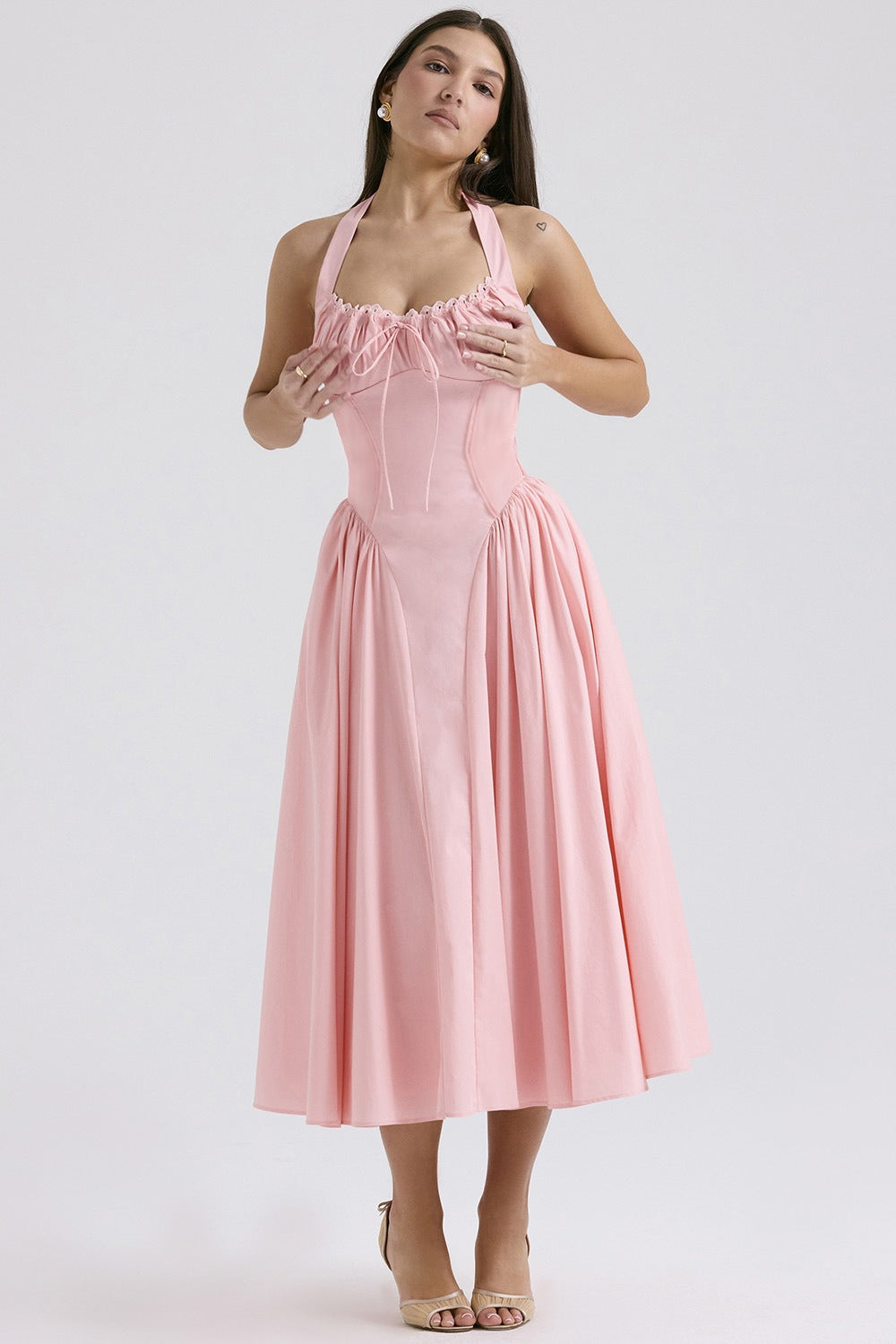 Halter Neck Ruched Corset Fit and Flare Midi Dress - View 5