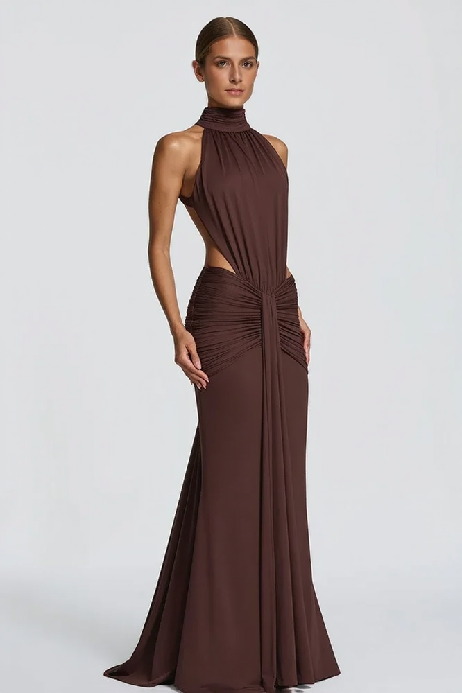 Halter Neck Backless Cut Out Ruched Mermaid Gown - View 4