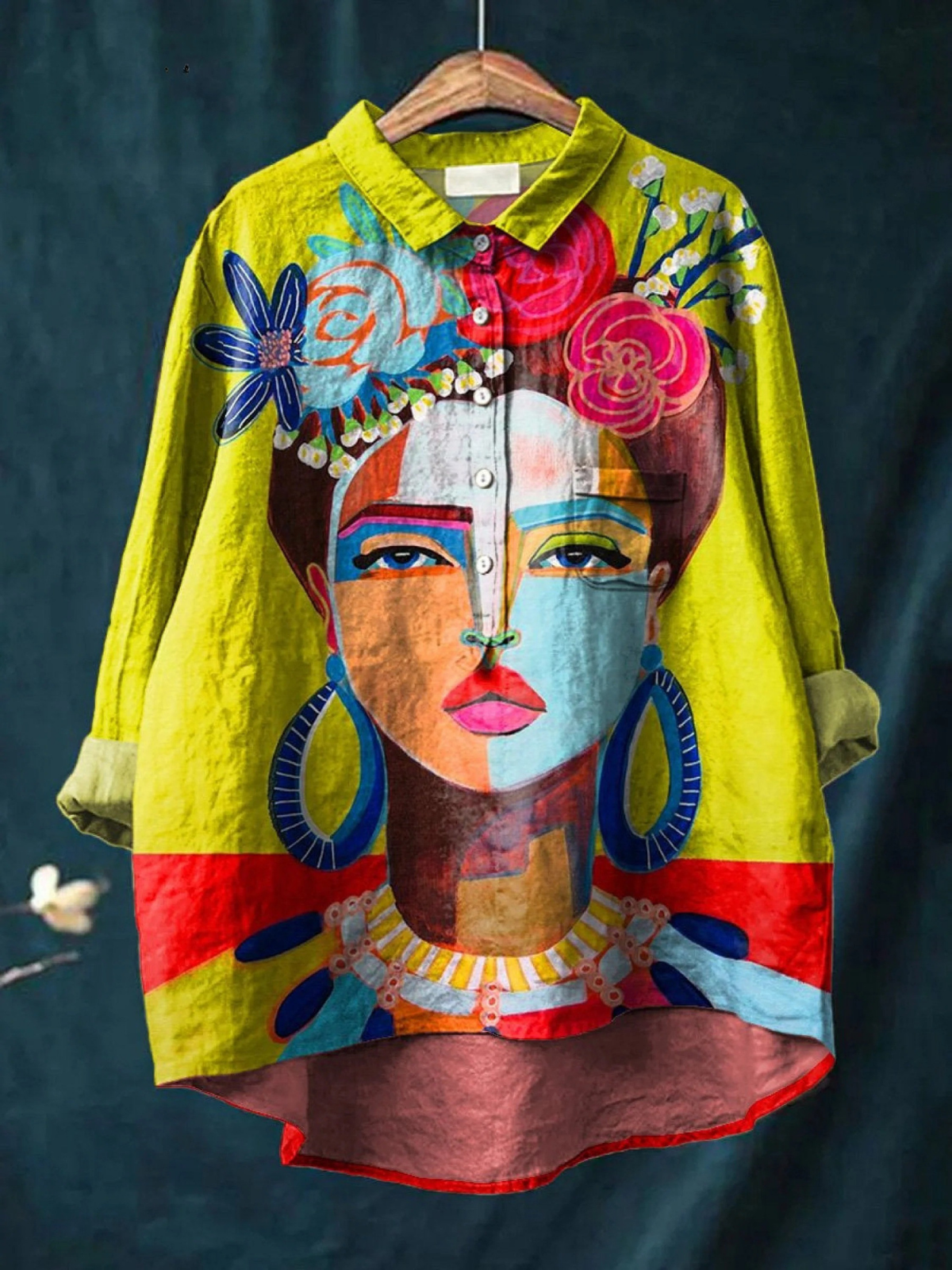 Abstract Face Portrait Art Print Collared Long Sleeve Shirt