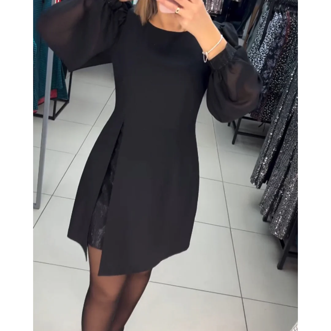 Sheer Balloon Sleeve Round Neck Front Slit Shift Mini Dress - View 3