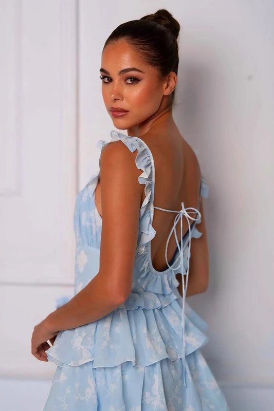 Floral Square Neck Ruffle Strap Tiered Maxi Prom Dress - View 7