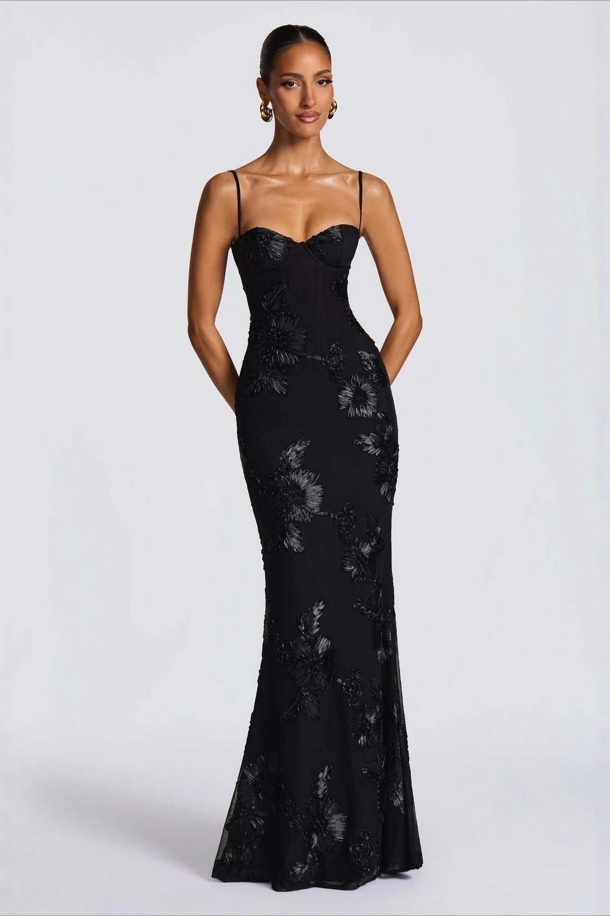 Spaghetti Strap Corset Floral Embroidered Fishtail Maxi Dress 4