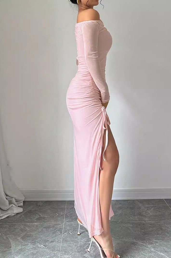 Sweet One Shoulder Mesh Long-Sleeve Slit Bodycon Dress - View 3