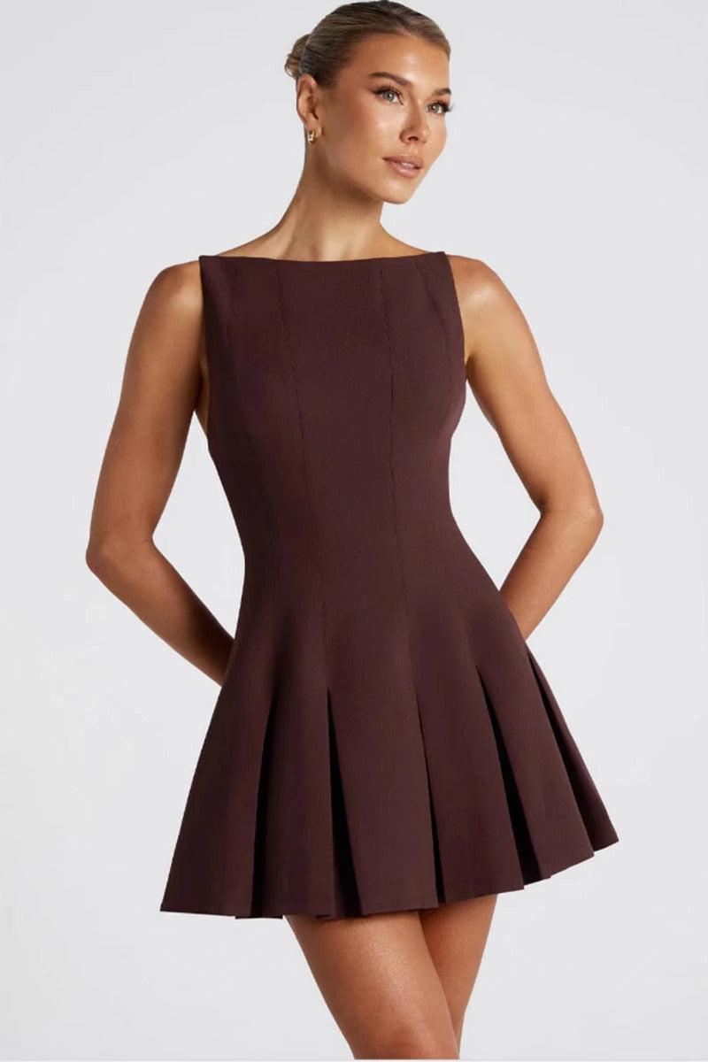 Boat Neck Sleeveless Box Pleat Structured Mini Cocktail Dress