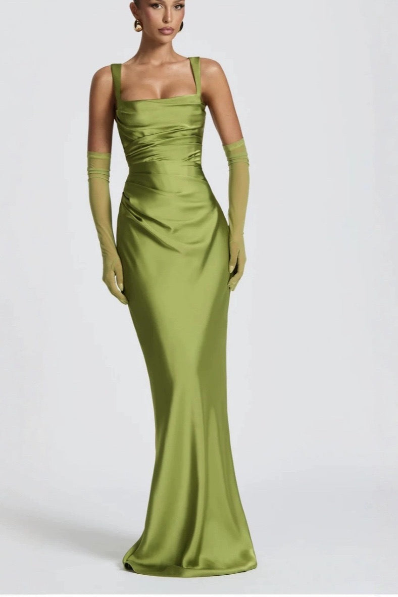 Satin Square Neck Ruched Slim Fit Maxi Prom Dress - View 2