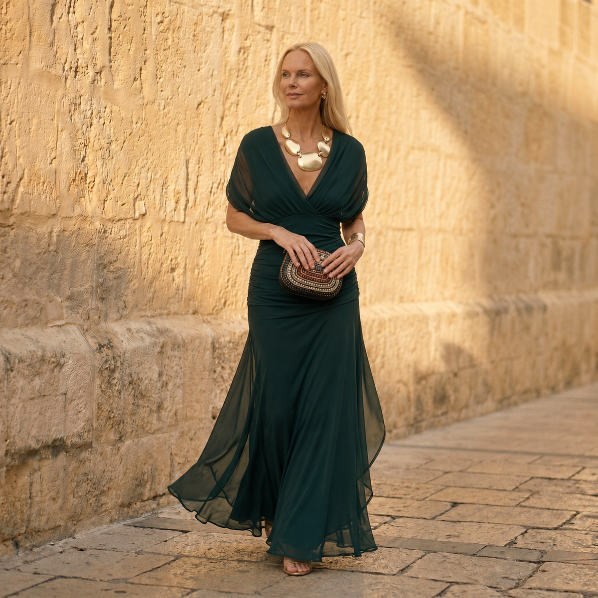 Deep V-Neck Short Sleeve Ruched Waist Flowy Maxi Dress