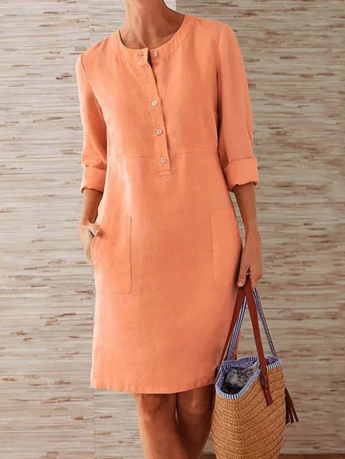 Button Front Round Neck Patch Pocket Three Quarter Shift Dress - View 5
