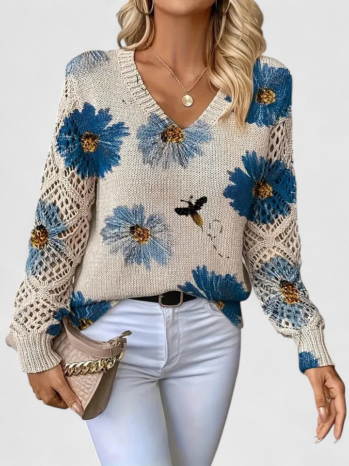 V-Neck Crochet Lace Sleeve Floral Print Long Sleeve Knit Sweater