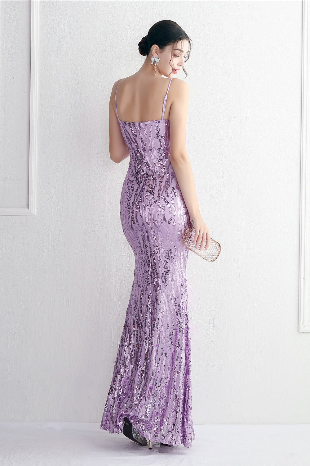 Sequin Deep V-Neck Spaghetti Strap Feather High Split Gown 29