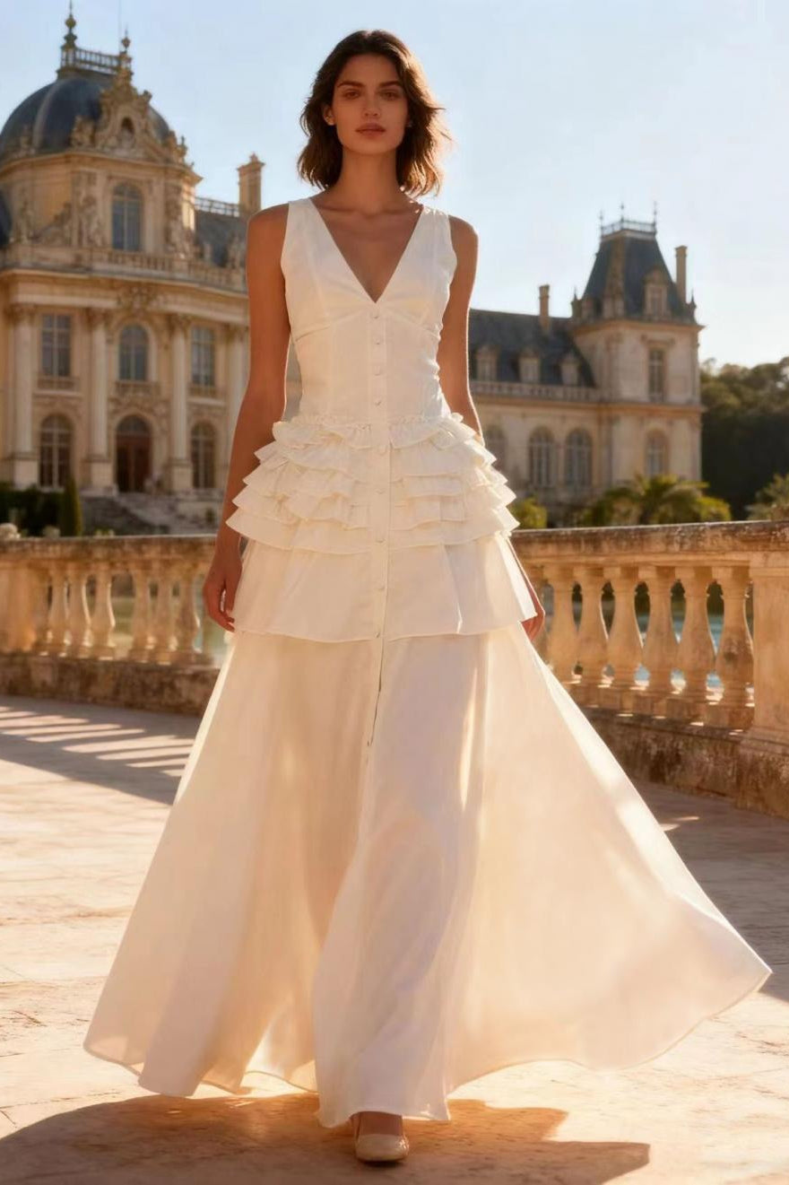 Deep V-Neck Sleeveless Corset Tiered Fit and Flare Midi Dress - View 3