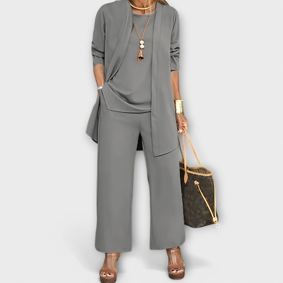 Longline Duster Cardigan Top and Wide Leg Pants Three Piece Set