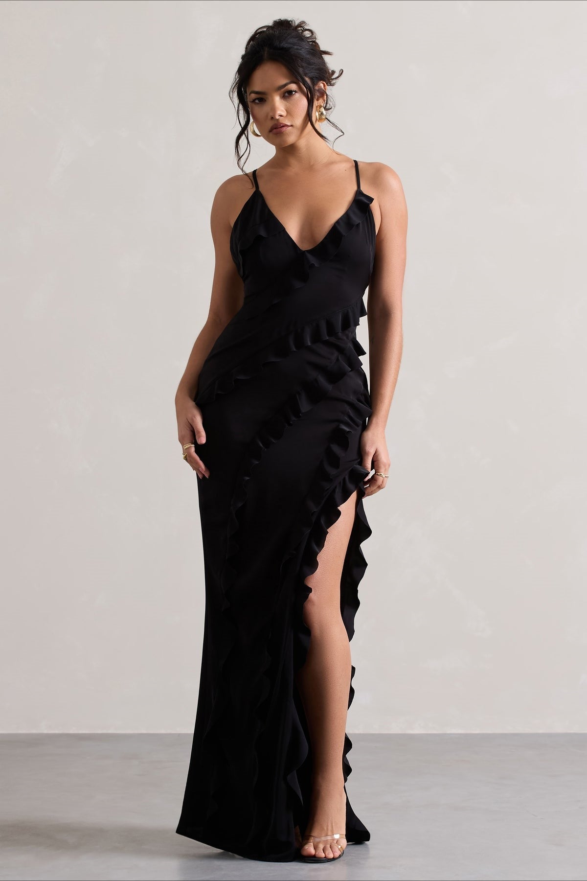 Spaghetti Strap Deep V-Neck Ruffle High Split Maxi Party Dress - View 10