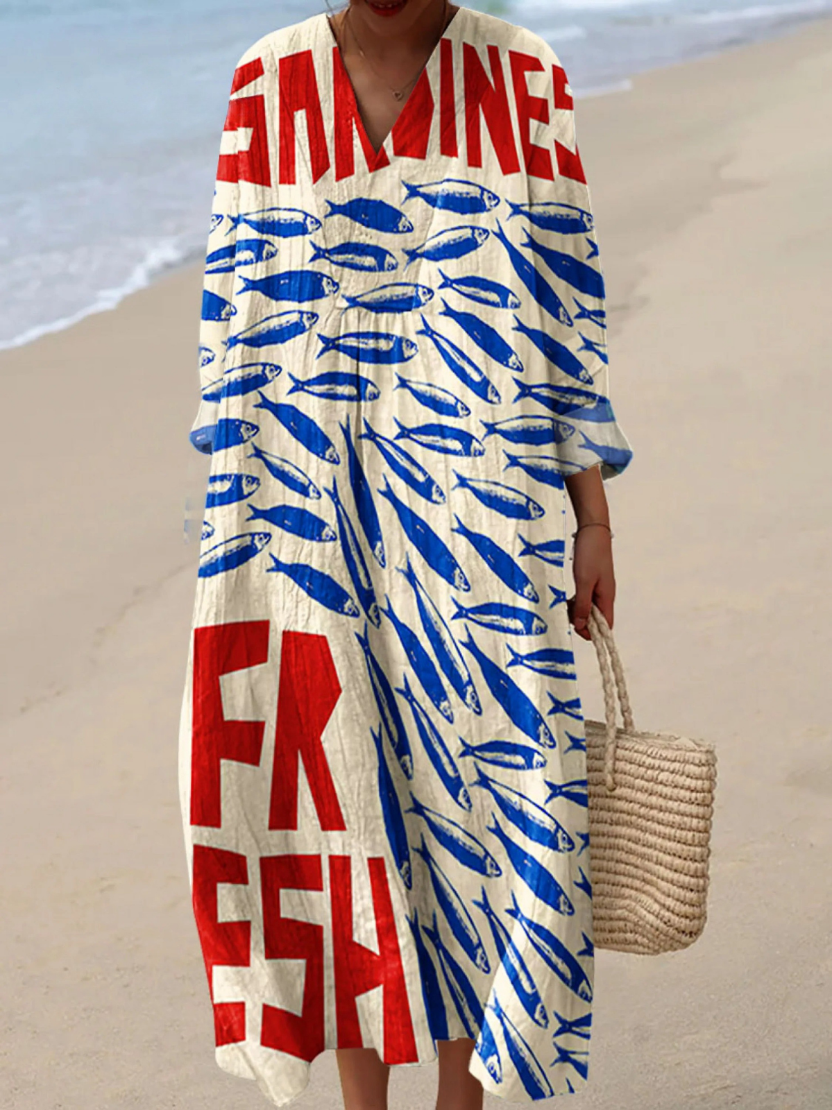 Fish Graphic Print V-Neck Long Sleeve Beach Maxi Dress
